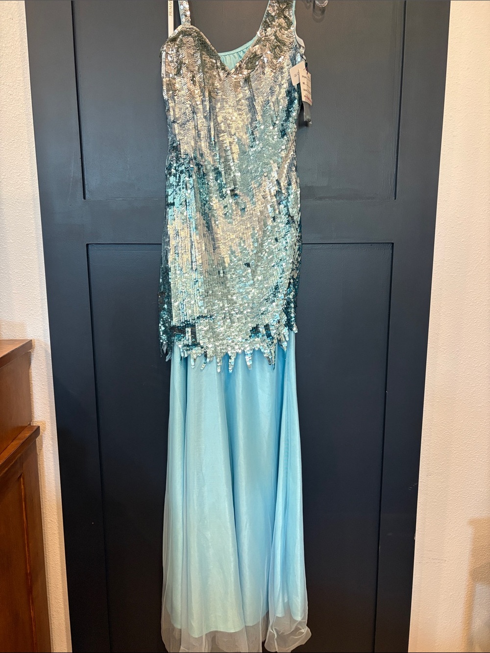 696. Primavera Light Aqua Sequin Gown